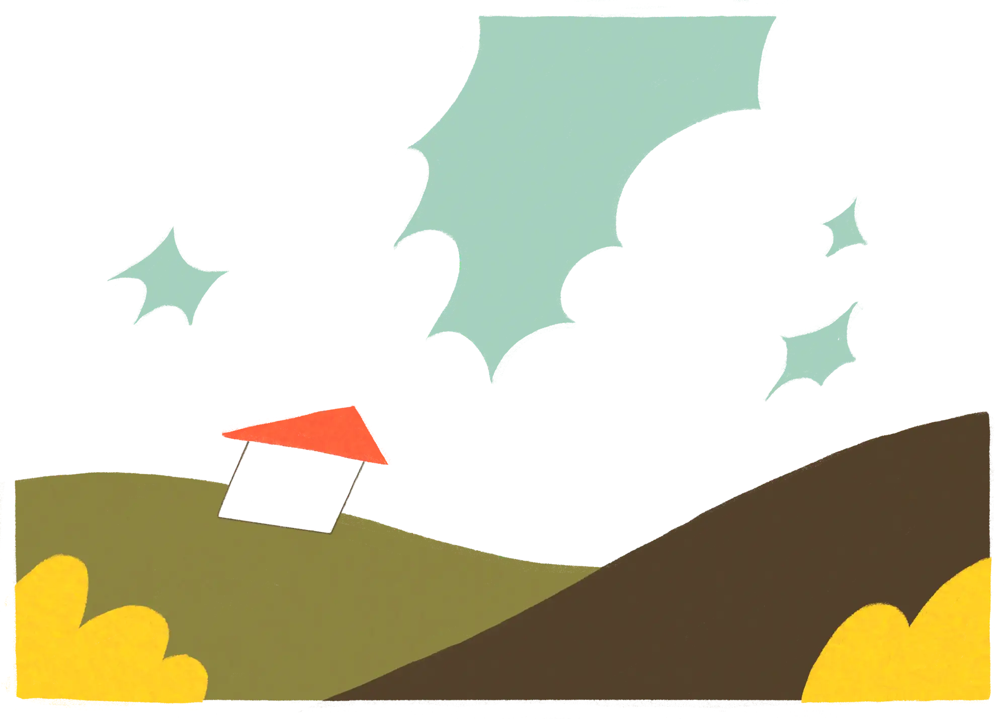 A drawing of rolling hills, clouds, and a little house